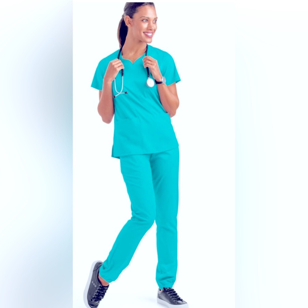 Uniform Advantage Buttersoft stretch scrubs. 2 joggers, one top, one jacket.